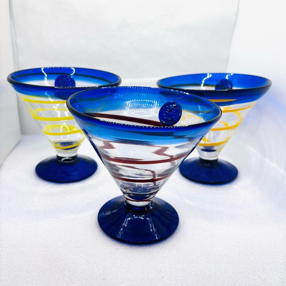 Set Of 3 Kosta Boda Royal Martini Margarita Swirl Hand Blown Glasses
